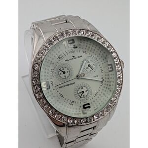 Blingstar Watch Men 50mm Case Rhinestone Bezel Silver 8.5" Band- New‎ Battery